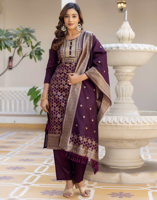 Silk Blend Weaving, Embroidery and Sequins Work A-Line Kurta with Pant & Dupatta