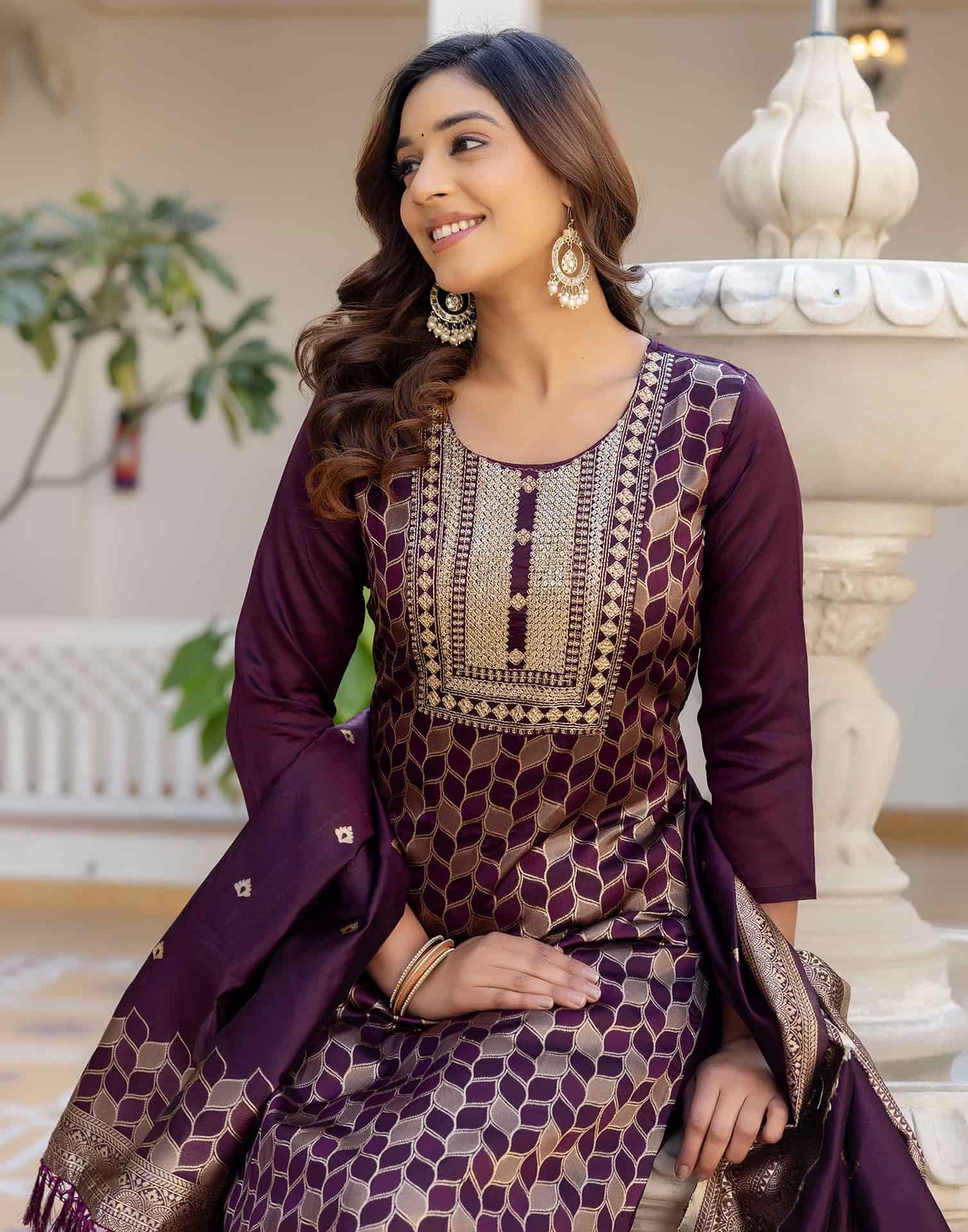 Silk Blend Weaving, Embroidery and Sequins Work A-Line Kurta with Pant & Dupatta