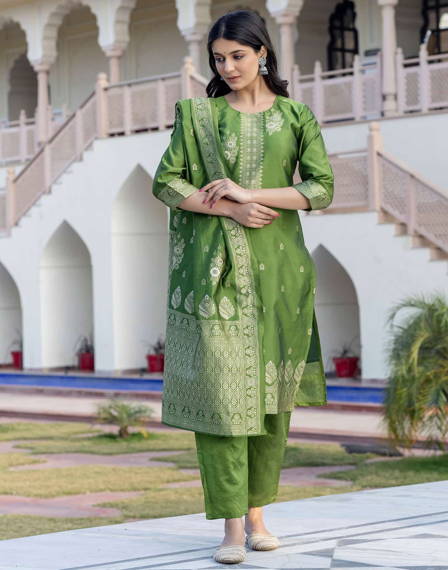Silk Woven Design Straight Kurta with Pant & Dupatta