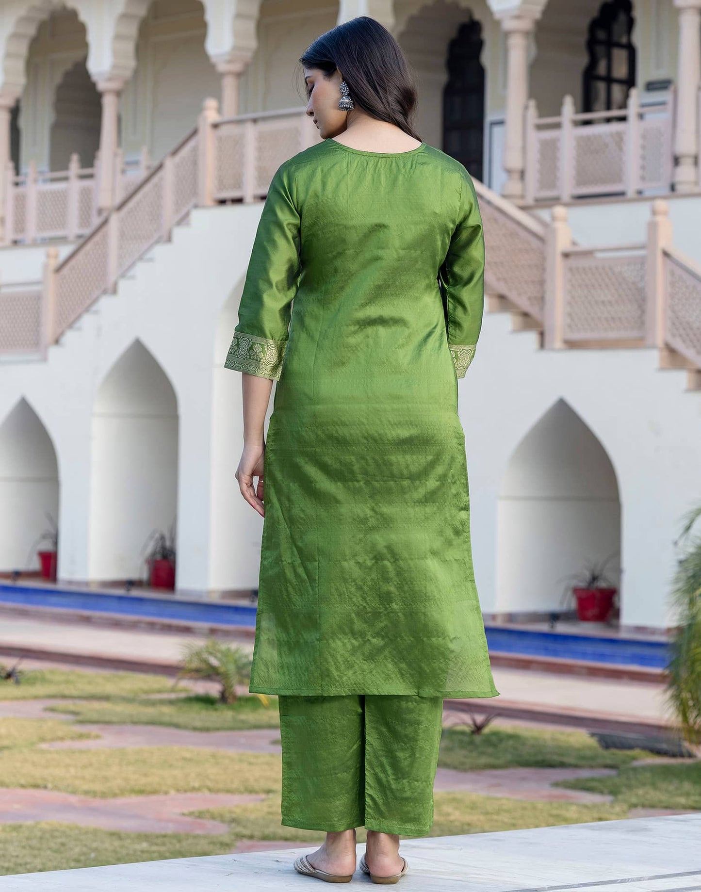 Green Silk Woven Design Straight Kurta Set with Pant & Dupatta for Women