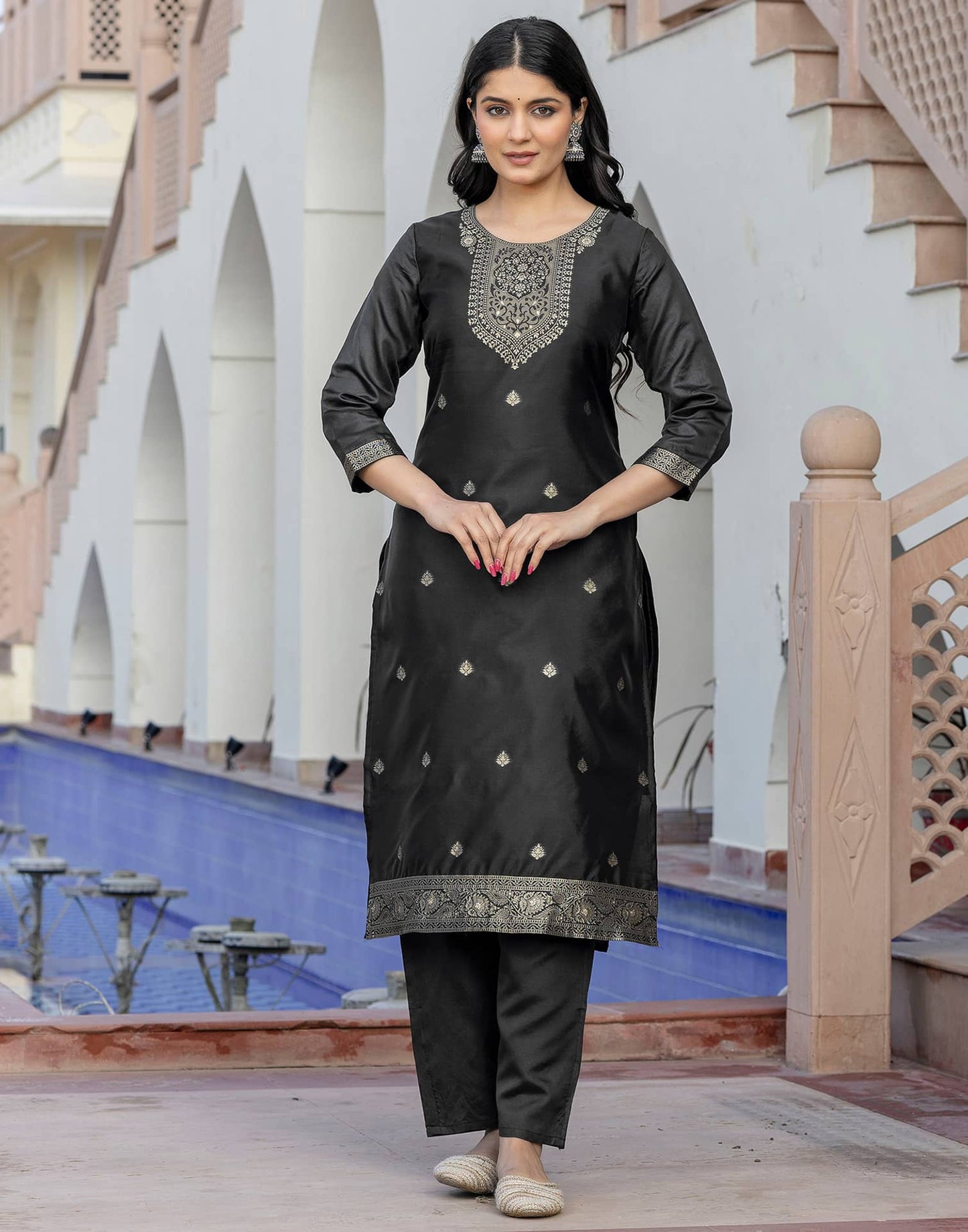 Silk Blend Weaving Straight Kurta with Pant & Dupatta
