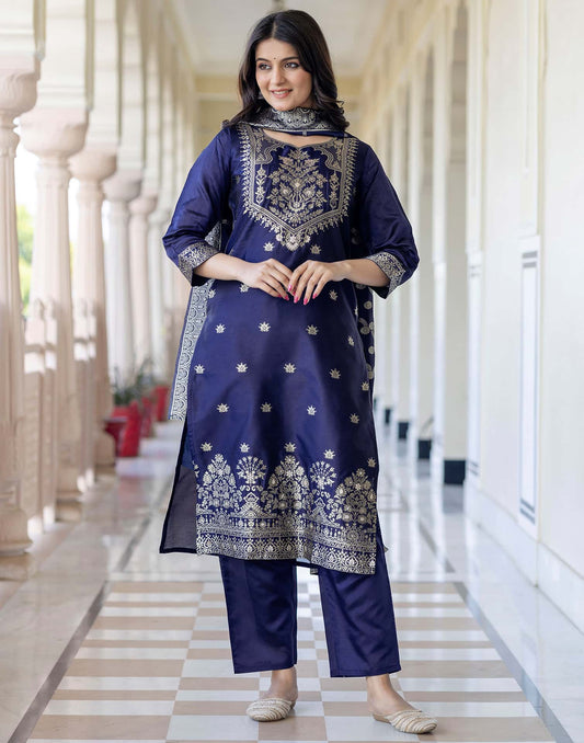 Silk Blend Weaving Straight Kurta with Pant & Dupatta