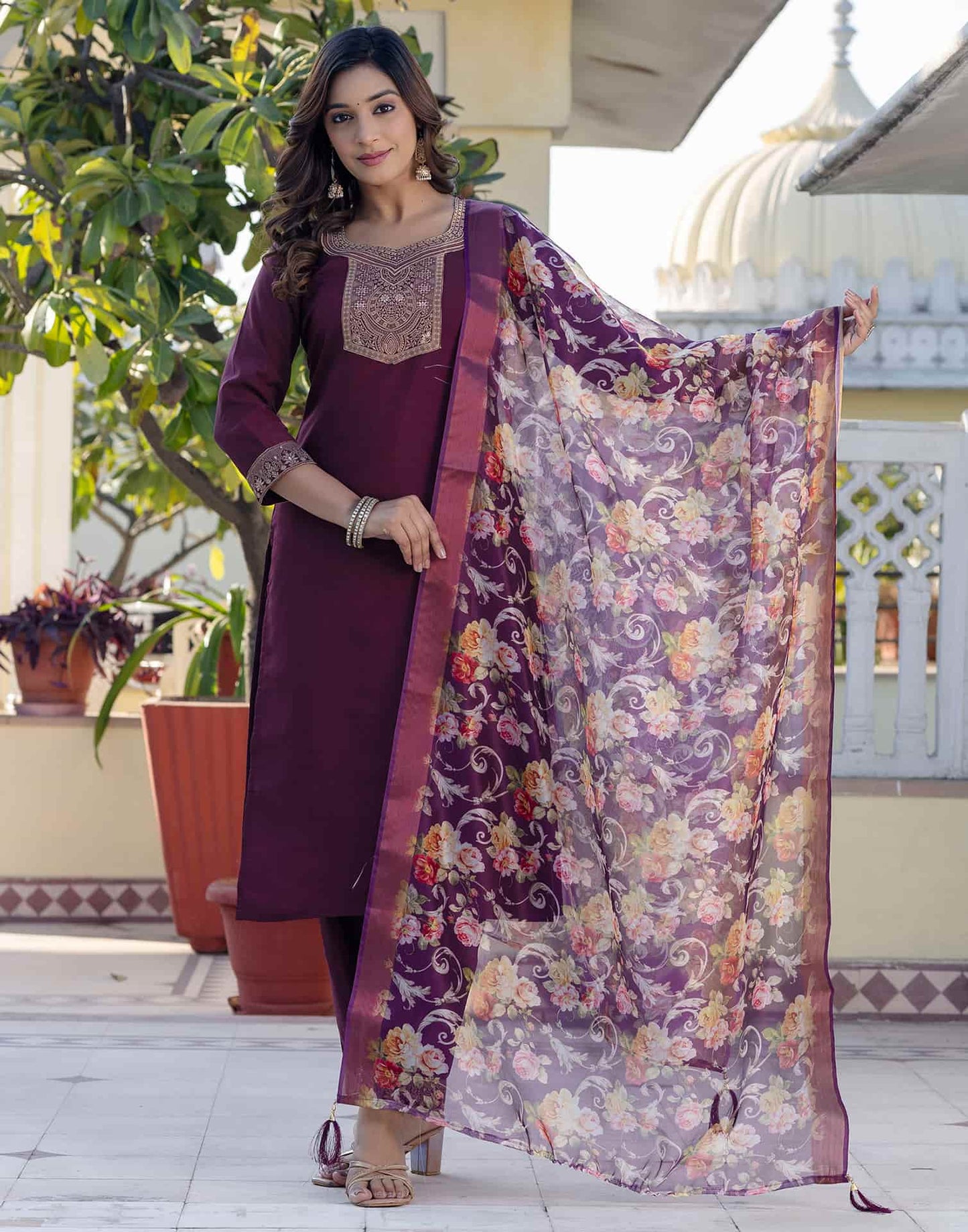 Silk Blend Weaving Straight Kurta with Pant & Dupatta