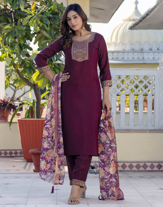 Silk Blend Weaving Straight Kurta with Pant & Dupatta