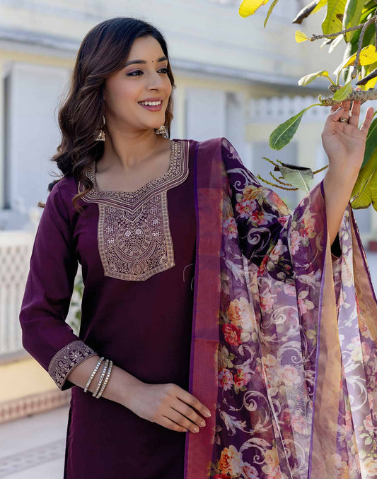 Silk Blend Weaving Straight Kurta with Pant & Dupatta