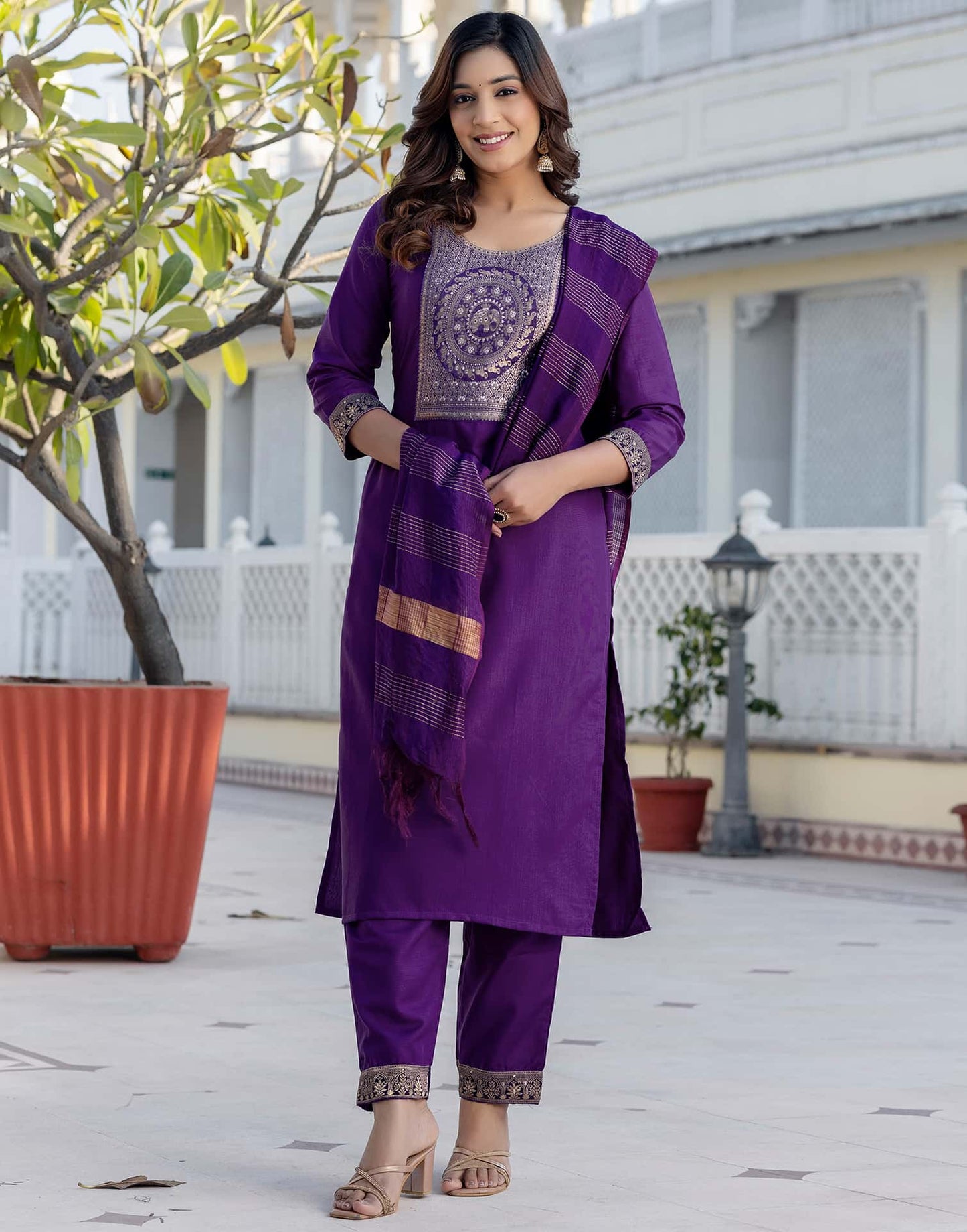 Cotton Blend Weaving and Lace Straight Kurta with Pant & Dupatta