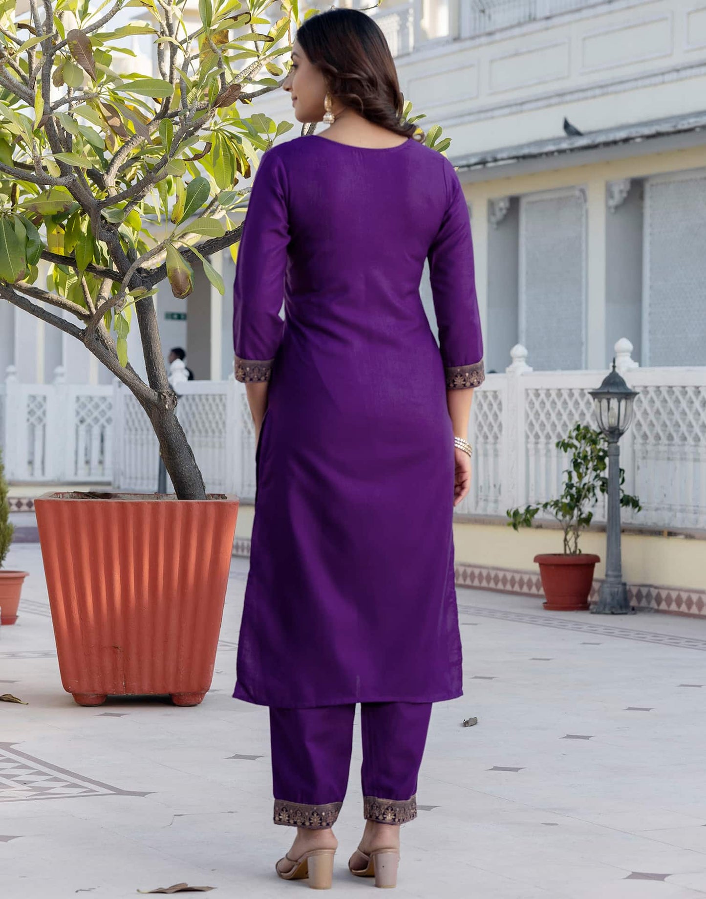 Cotton Blend Weaving and Lace Straight Kurta with Pant & Dupatta