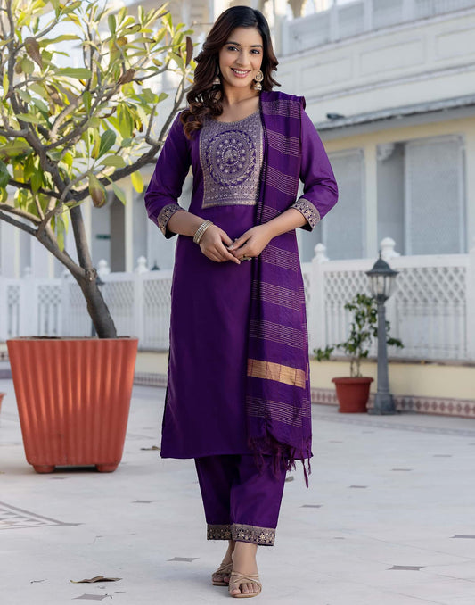Cotton Blend Weaving and Lace Straight Kurta with Pant & Dupatta