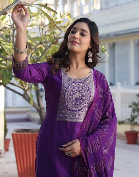 Cotton Blend Weaving and Lace Straight Kurta with Pant & Dupatta