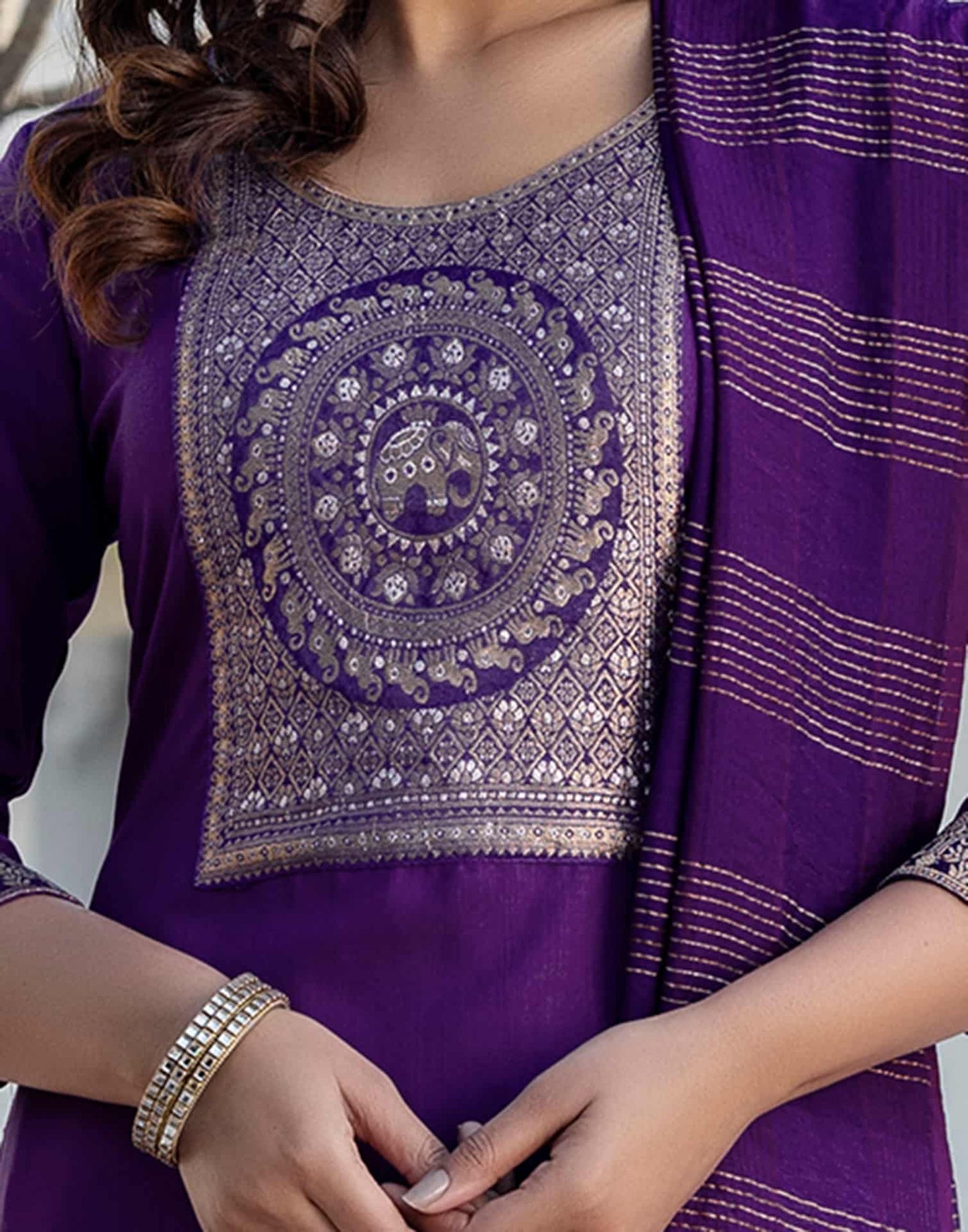 Cotton Blend Weaving and Lace Straight Kurta with Pant & Dupatta