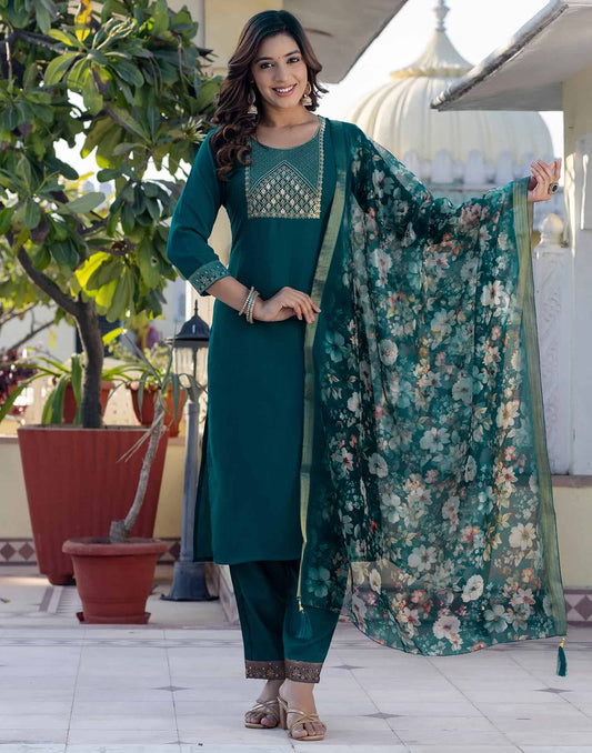 Cotton Blend Weaving and Lace Straight Kurta with Pant & Dupatta