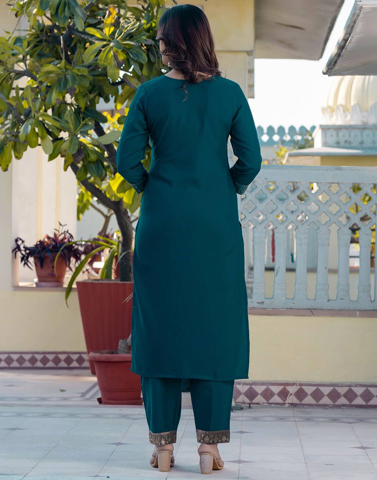 Cotton Blend Weaving and Lace Straight Kurta with Pant & Dupatta