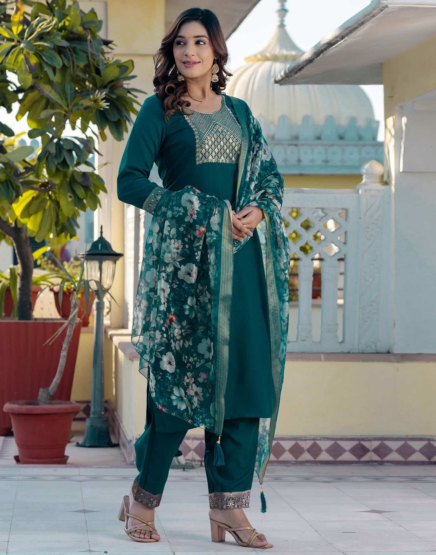 Cotton Blend Weaving and Lace Straight Kurta with Pant & Dupatta