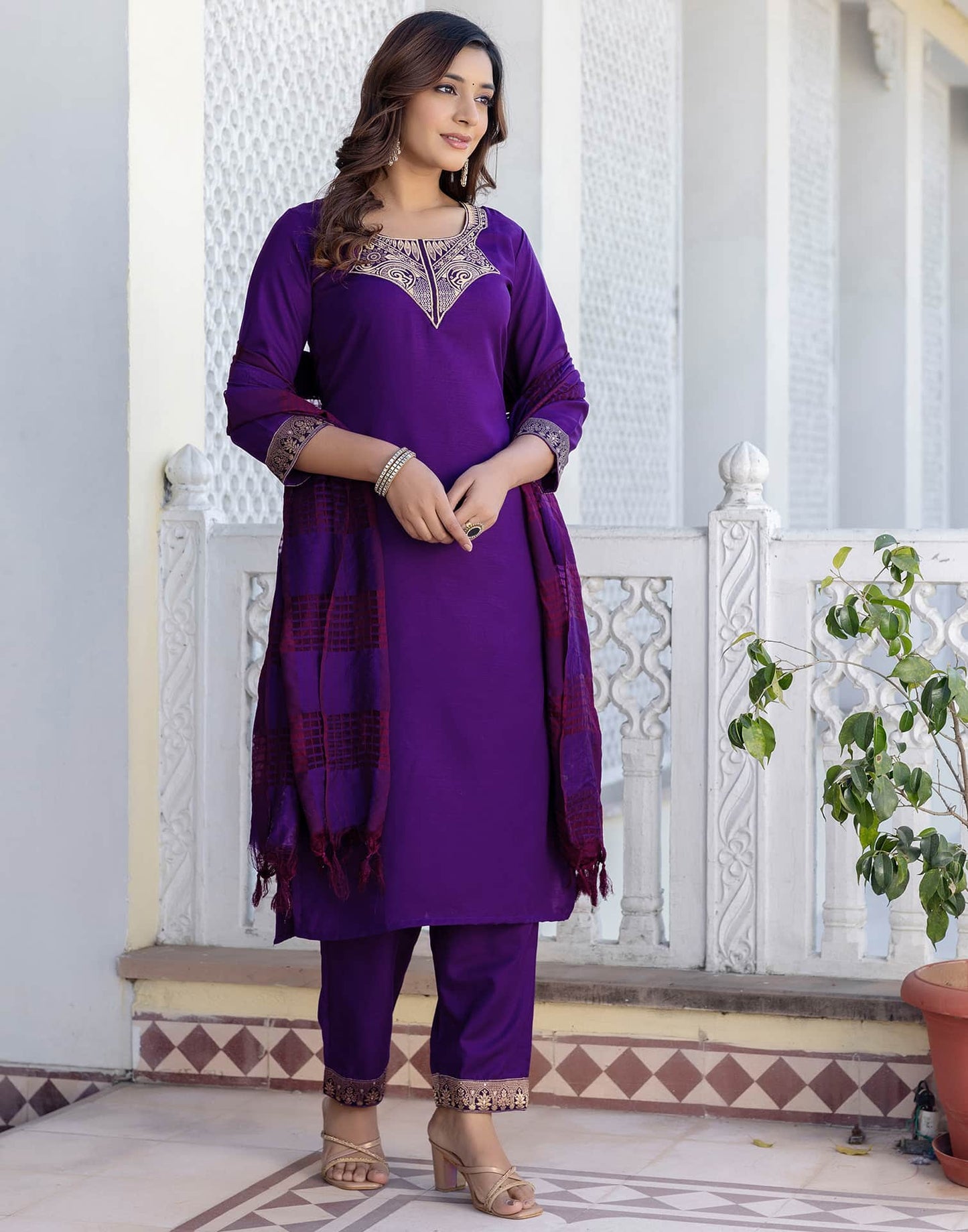 Cotton Blend Weaving and Lace Straight Kurta with Pant & Dupatta