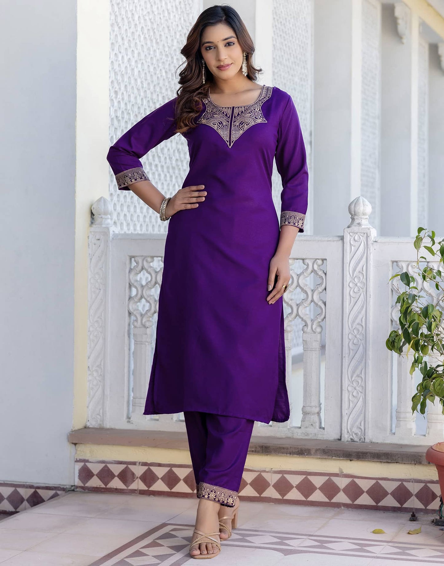 Cotton Blend Weaving and Lace Straight Kurta with Pant & Dupatta
