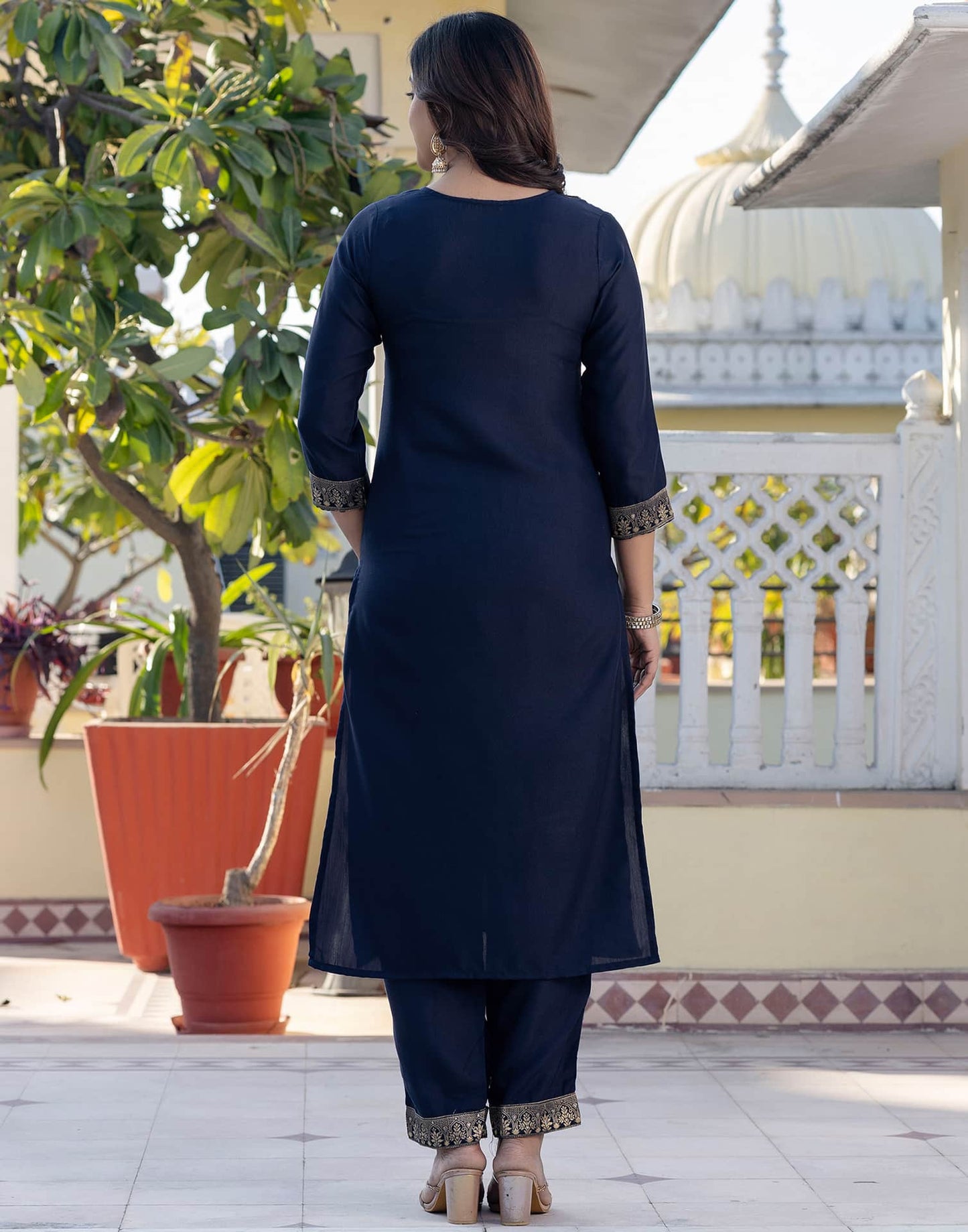 Cotton Blend Weaving and Lace Straight Kurta with Pant & Dupatta