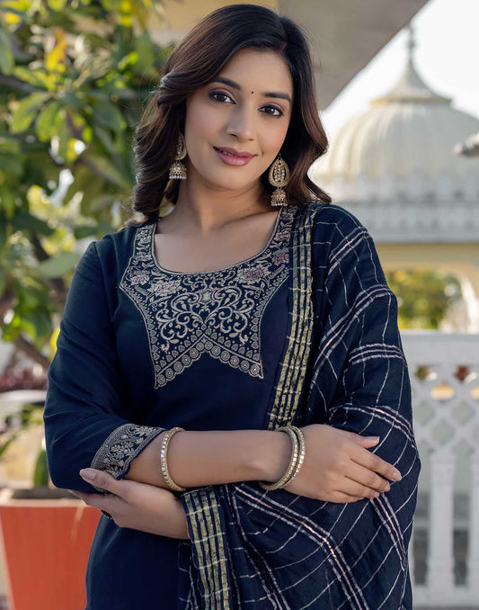 Cotton Blend Weaving and Lace Straight Kurta with Pant & Dupatta