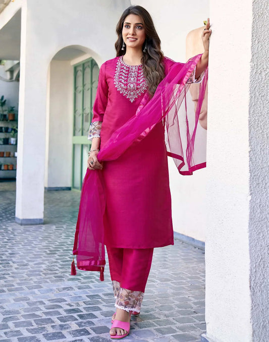 Silk Blend Sequence Embroidery Work and Lace Straight Kurta with Pant & Dupatta
