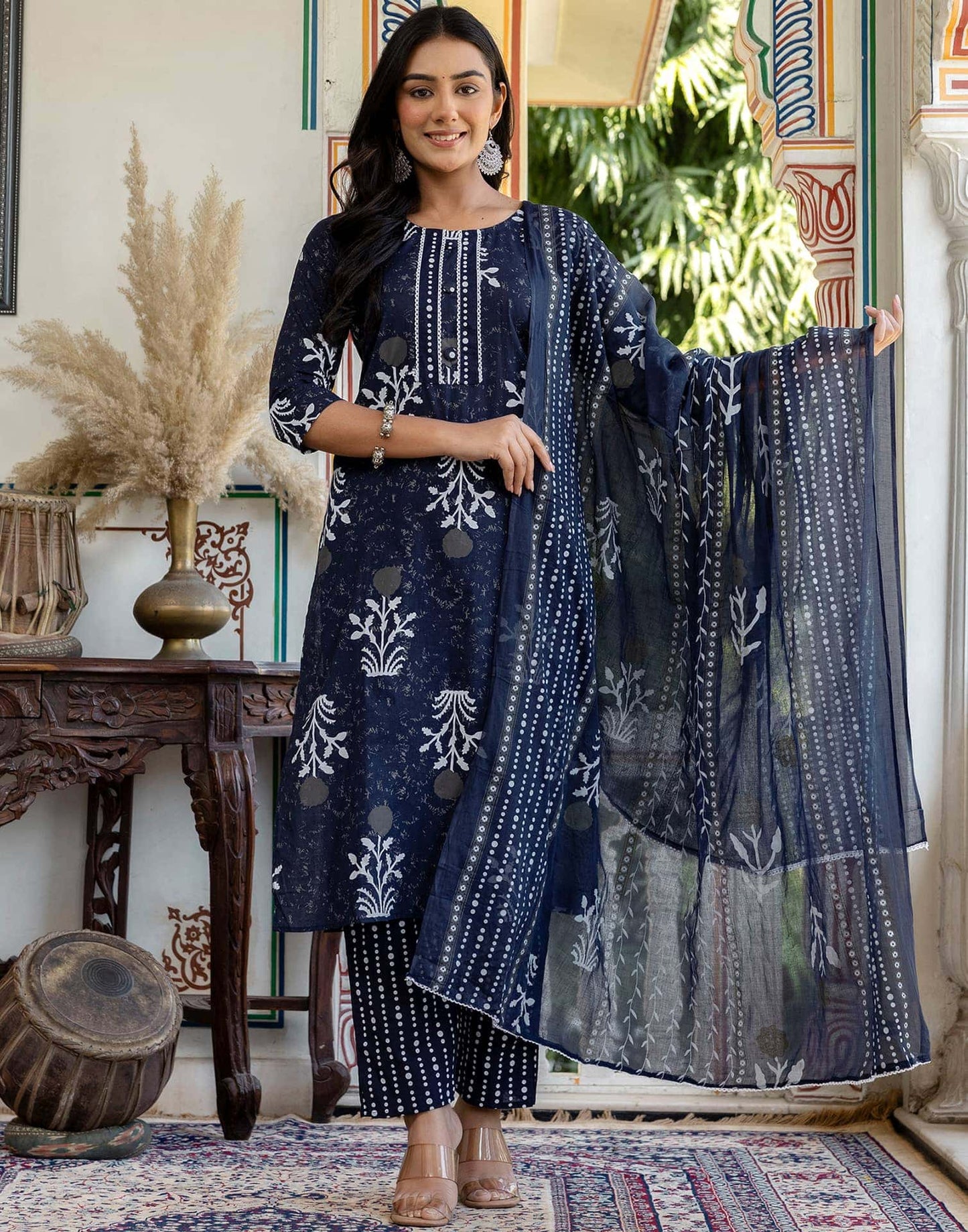 Cotton Floral Printed, Lace Straight Kurta with Pant & Dupatta