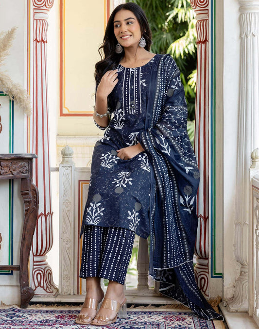 Cotton Floral Printed, Lace Straight Kurta with Pant & Dupatta