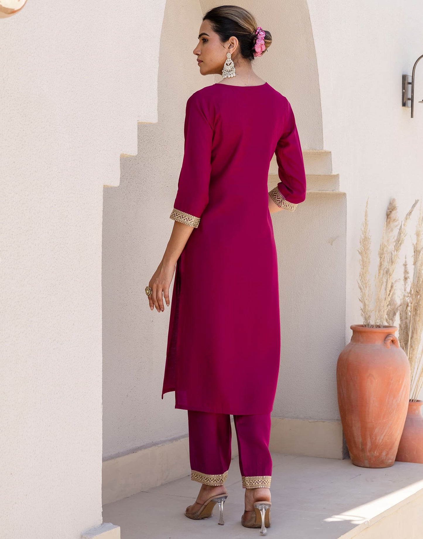 Silk Blend Embroidery and Sequins Work Straight Kurta with Pant & Dupatta