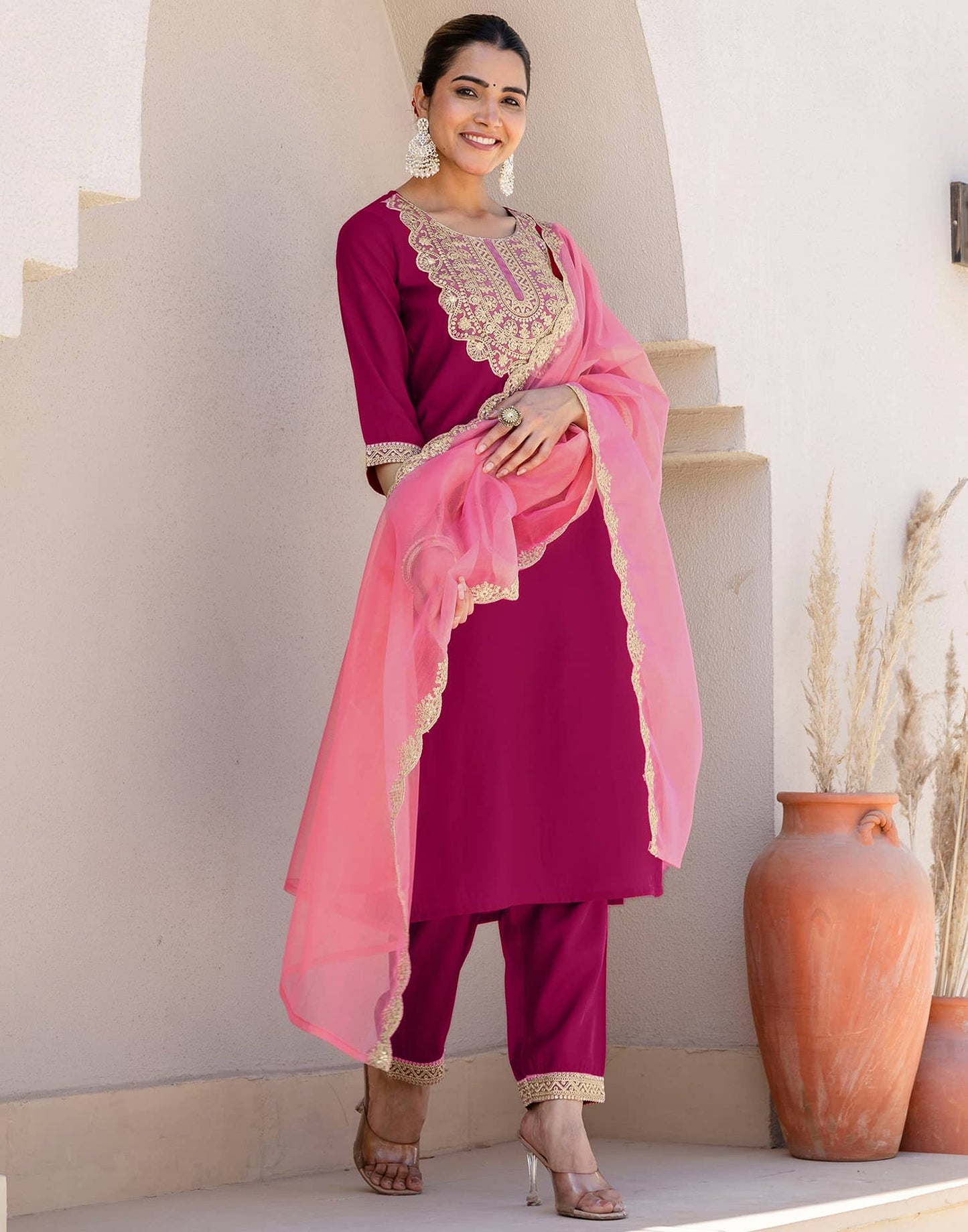 Silk Blend Embroidery and Sequins Work Straight Kurta with Pant & Dupatta