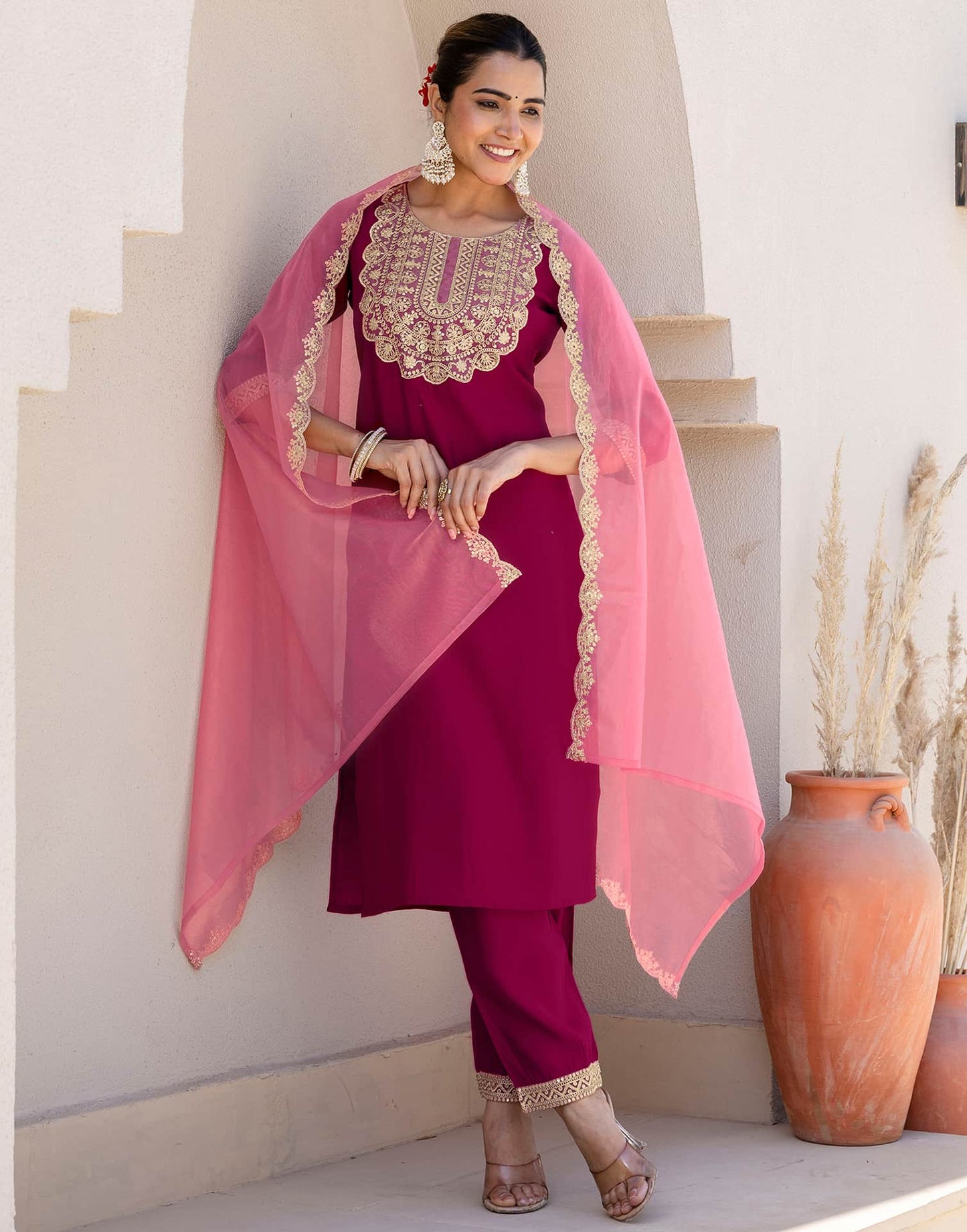 Silk Blend Embroidery and Sequins Work Straight Kurta with Pant & Dupatta