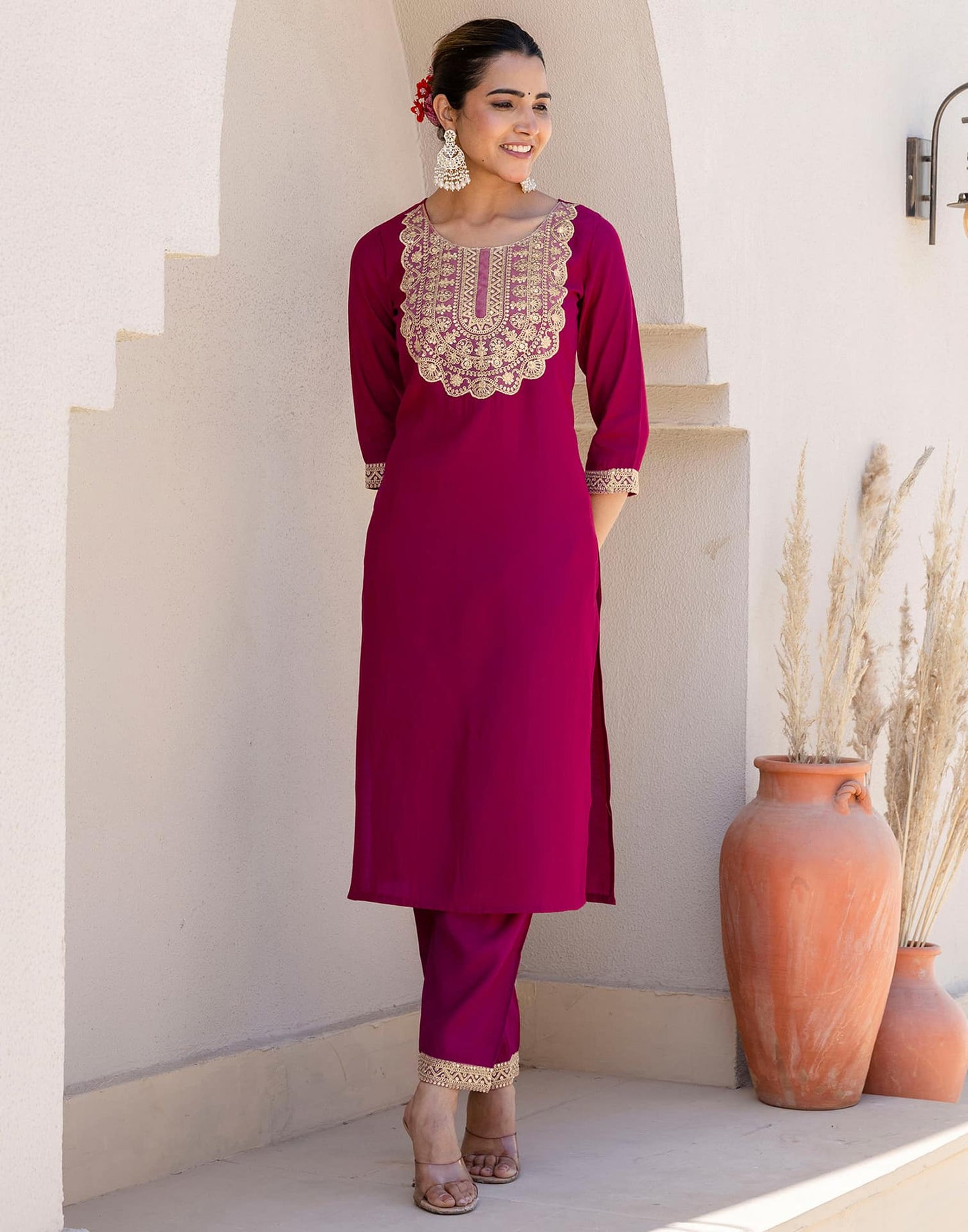 Silk Blend Embroidery and Sequins Work Straight Kurta with Pant & Dupatta