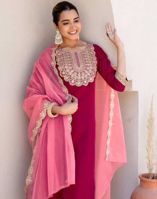 Silk Blend Embroidery and Sequins Work Straight Kurta with Pant & Dupatta