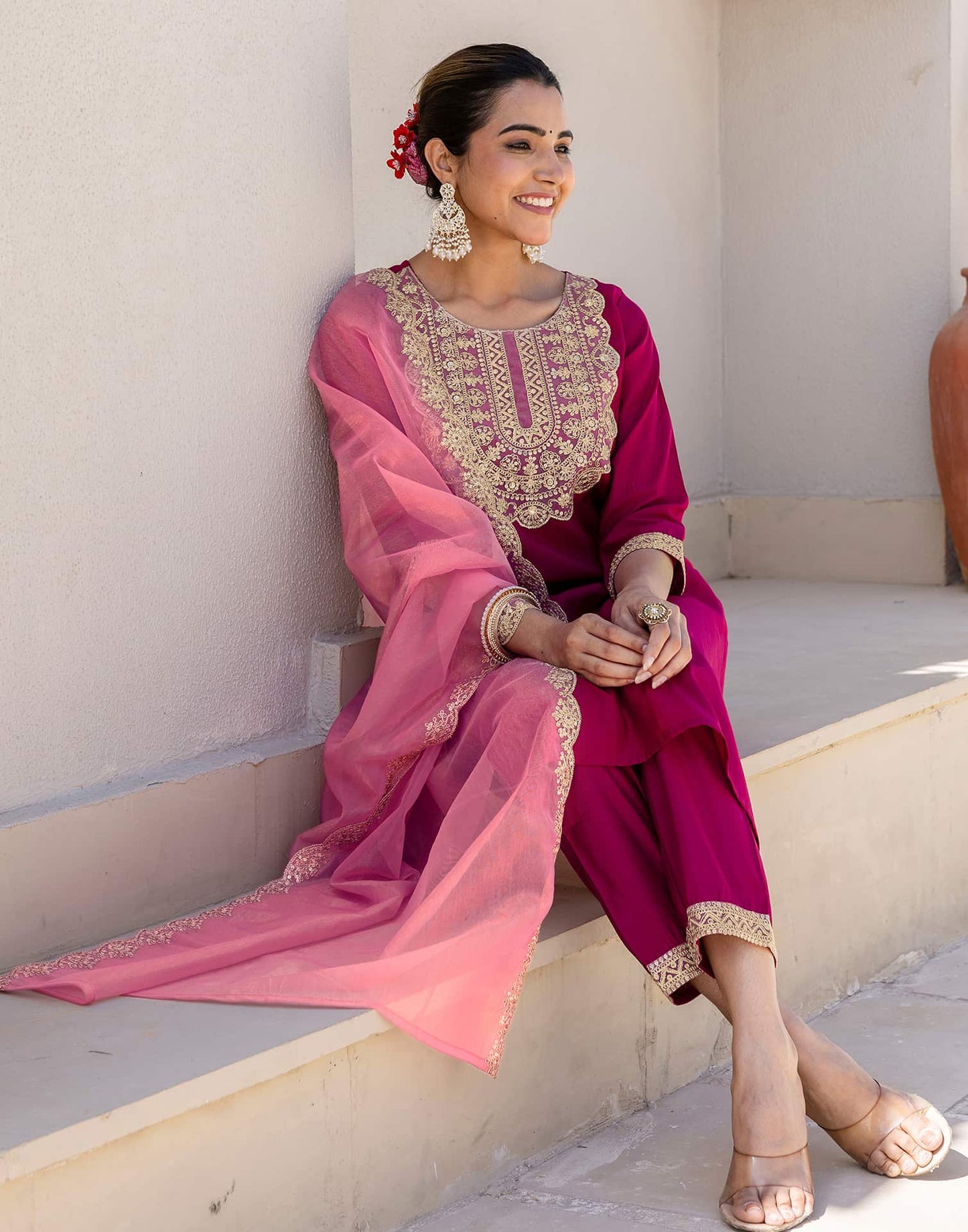 Silk Blend Embroidery and Sequins Work Straight Kurta with Pant & Dupatta