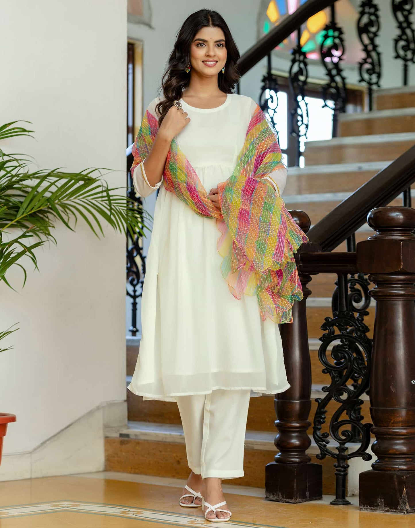 Georgette Solid and Lace A-Line Kurta with Pant & Dupatta