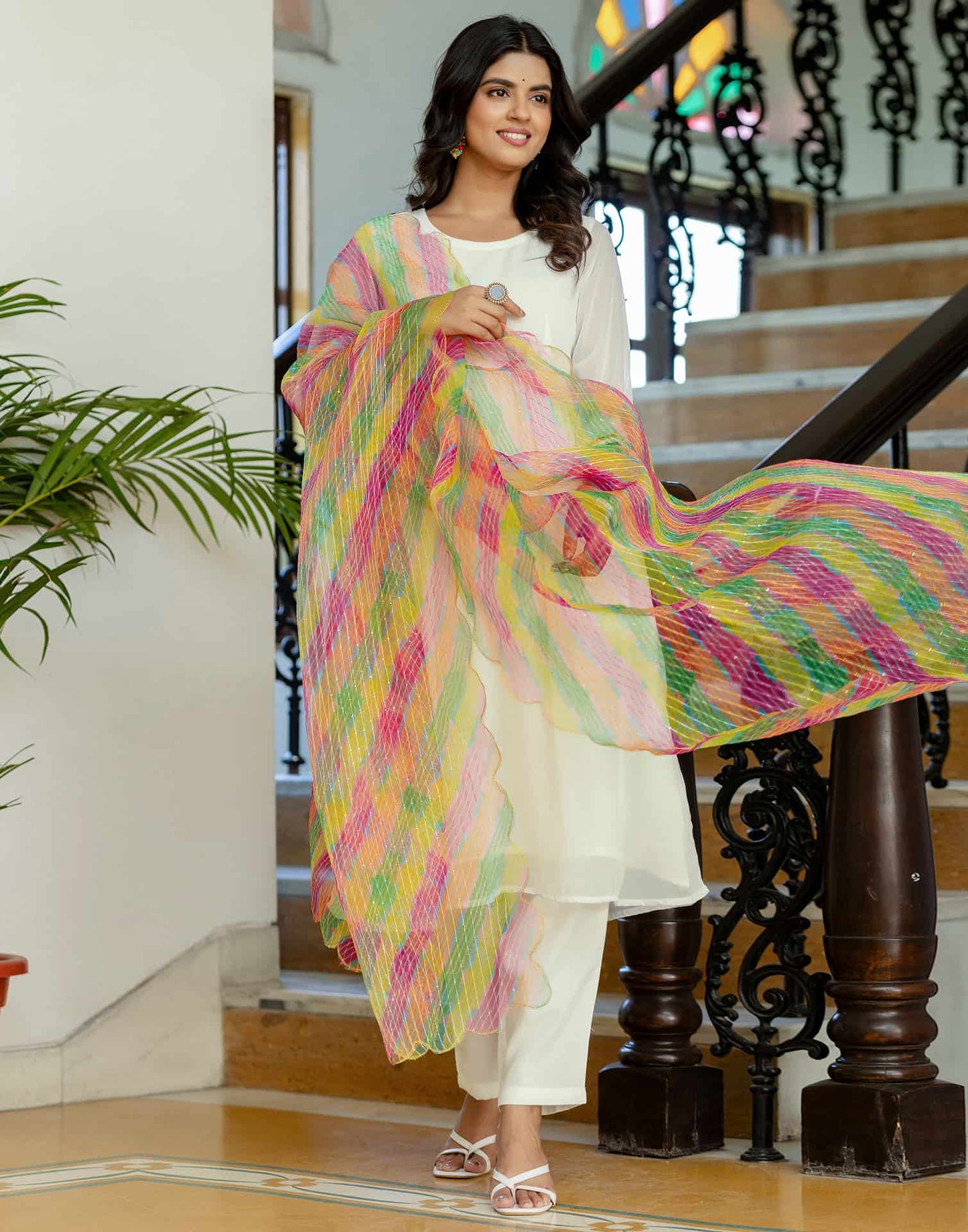 Georgette Solid and Lace A-Line Kurta with Pant & Dupatta