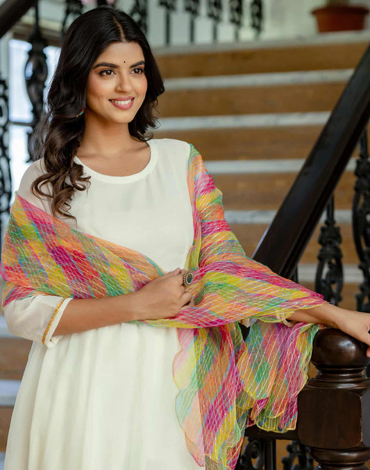 Georgette Solid and Lace A-Line Kurta with Pant & Dupatta