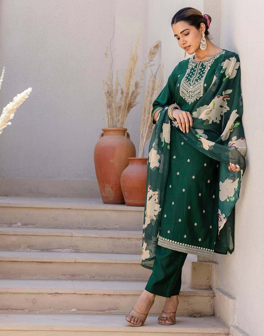 Silk Embroidery, Sequins Work and Gota Lace Straight Kurta with Pant & Dupatta