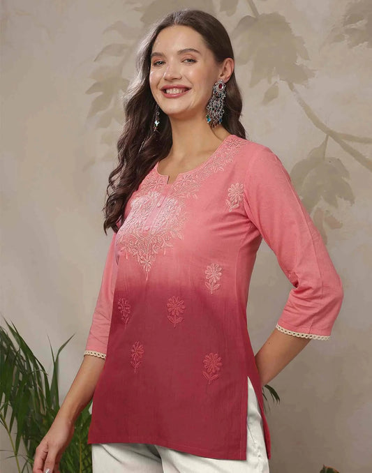 Cotton Chikankari Straight Round Neck Short Kurti