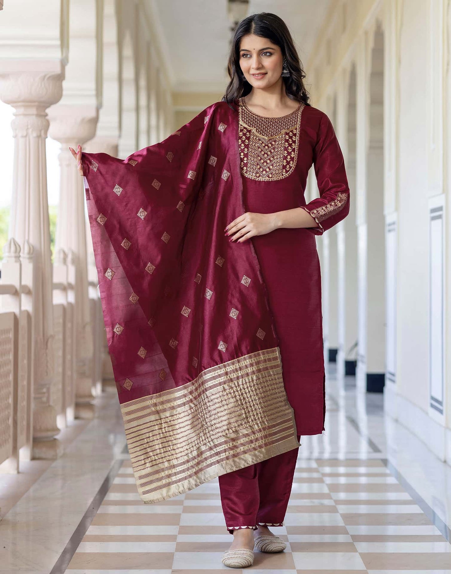 Silk Embroidered Straight Kurta with Pant & Dupatta