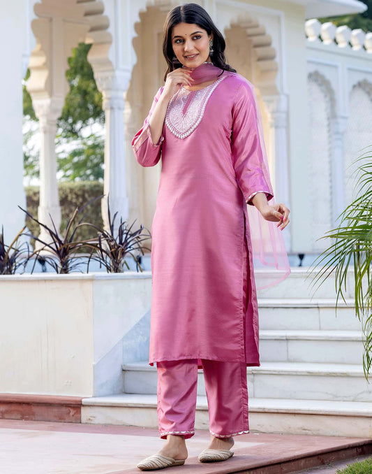 Silk Blend Embroidery Work Straight Kurta with Pant & Dupatta