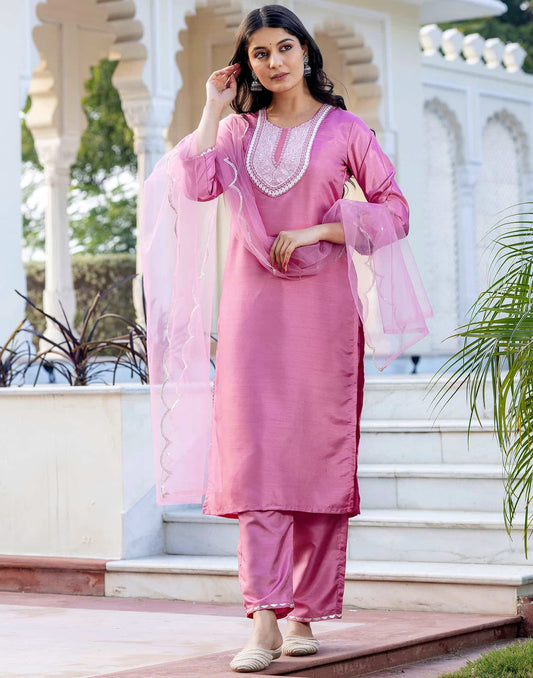 Silk Blend Embroidery Work Straight Kurta with Pant & Dupatta