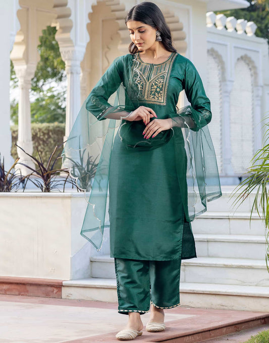 Silk Blend Embroidery and Sequins Work Straight Kurta with Pant & Dupatta