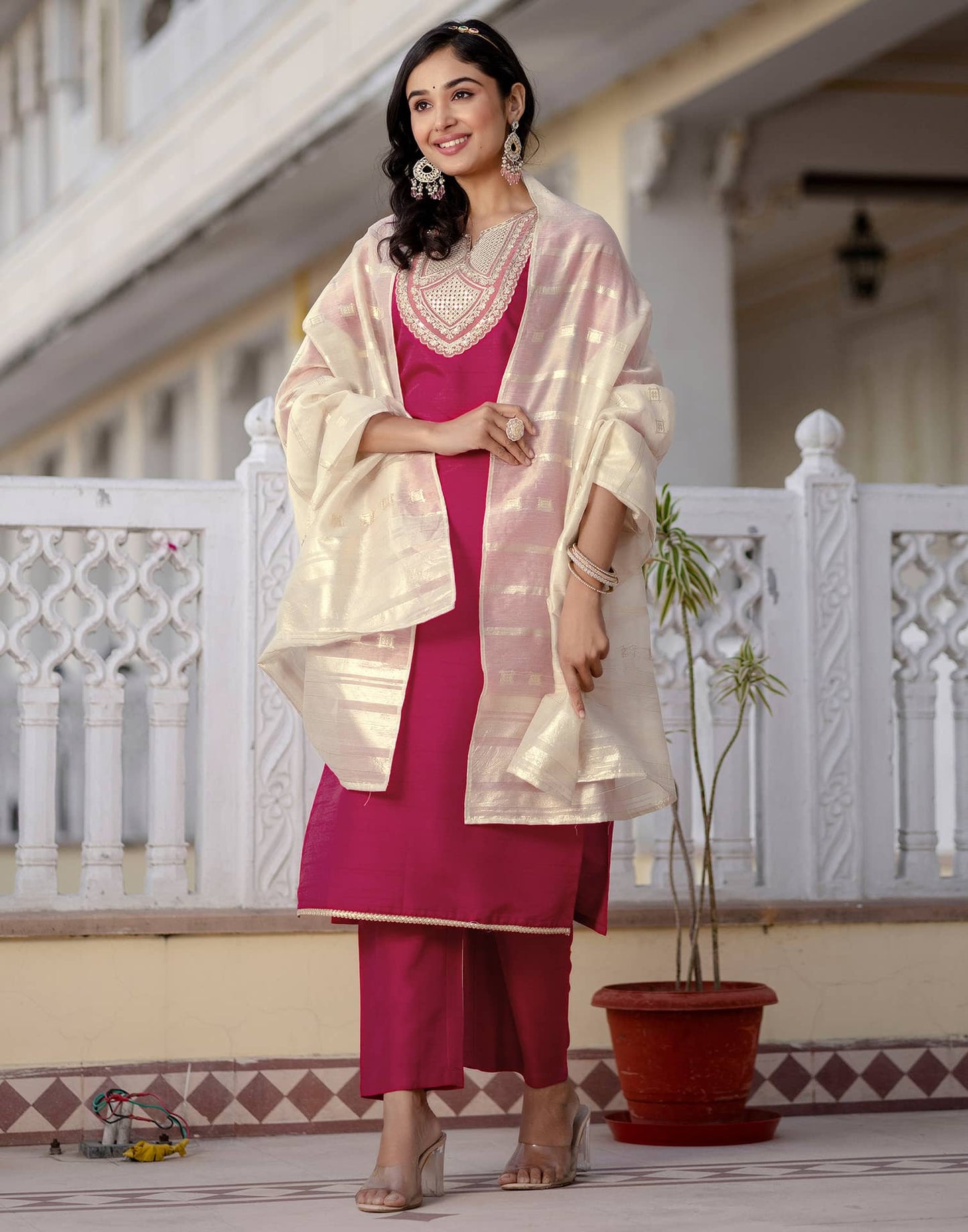 Silk Embroidered Straight Kurta with Pant & Dupatta