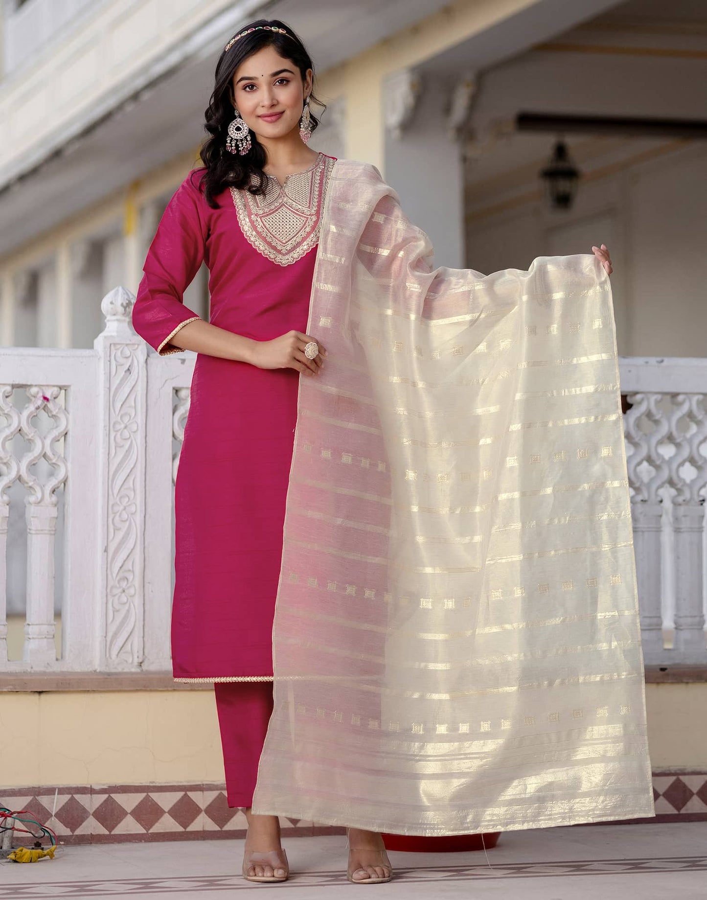 Silk Embroidered Straight Kurta with Pant & Dupatta