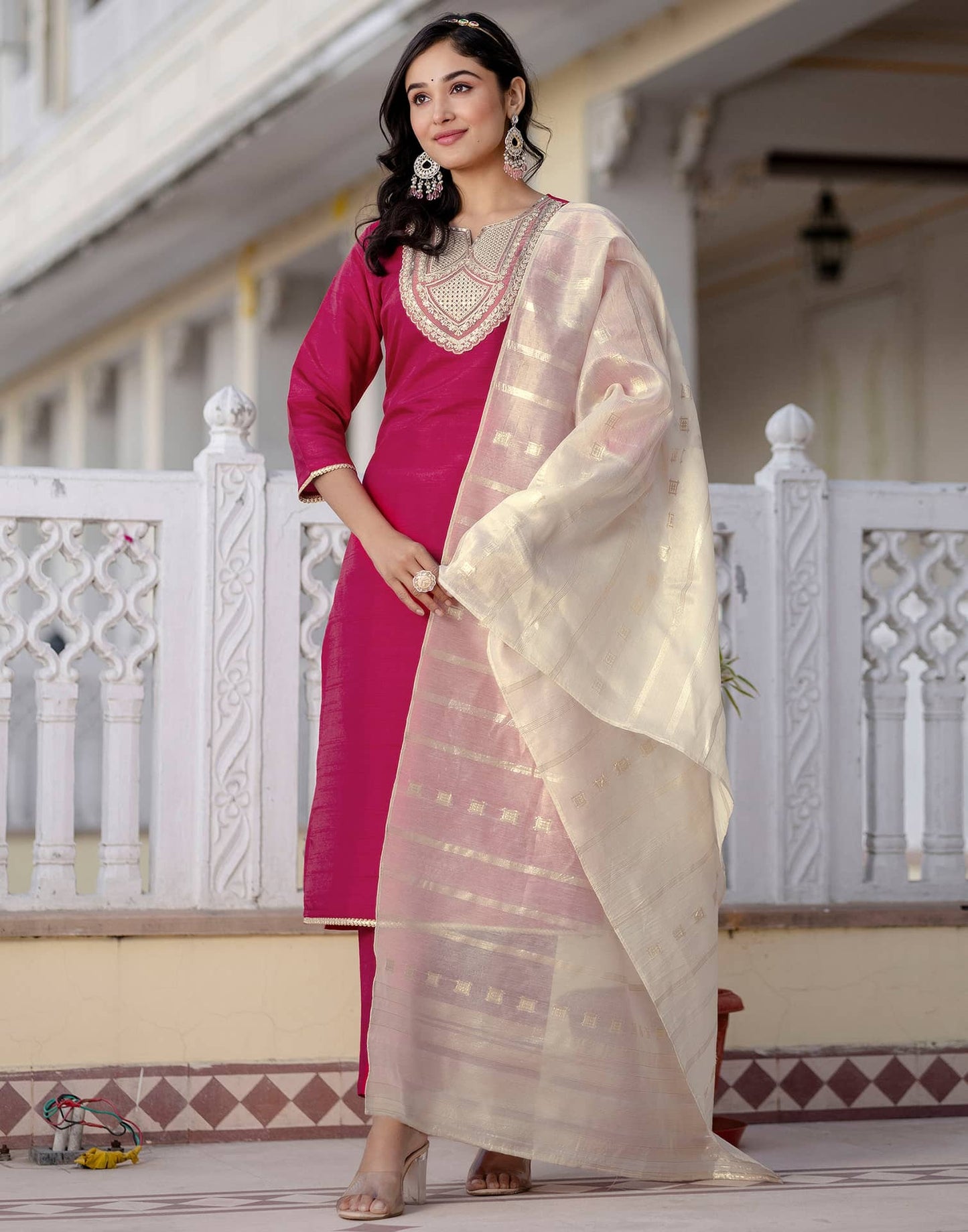 Silk Embroidered Straight Kurta with Pant & Dupatta