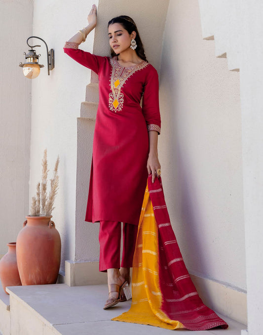 Cotton Blend Embroidery and Sequins Work Straight Kurta with Pant & Dupatta