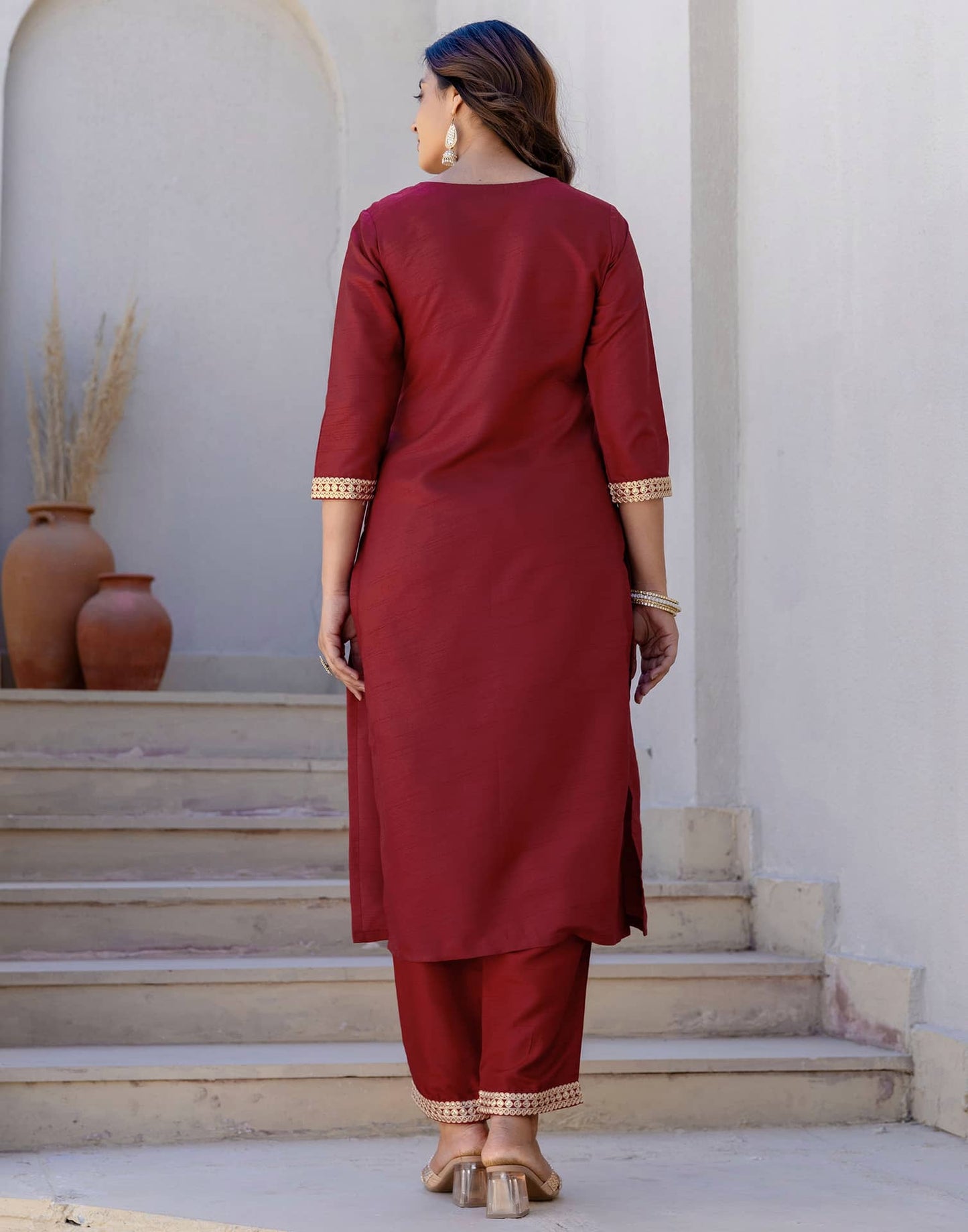 Silk Sequin Work, Embroidery, Embroidery Lace Straight Kurta with Pant & Dupatta