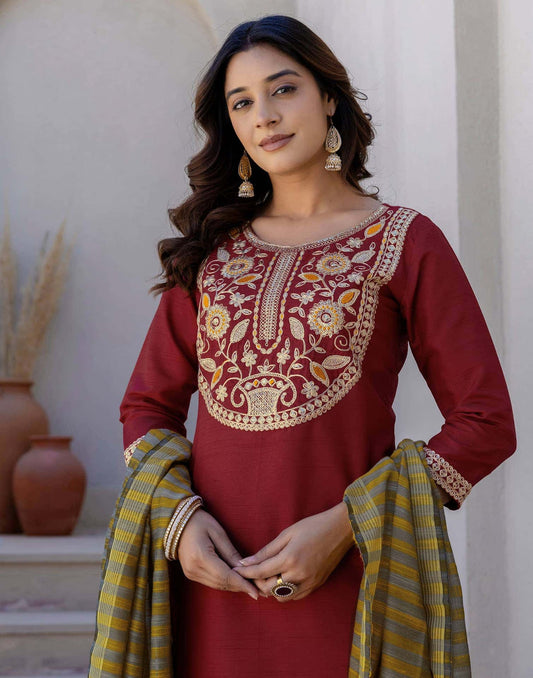 Silk Sequin Work, Embroidery, Embroidery Lace Straight Kurta with Pant & Dupatta