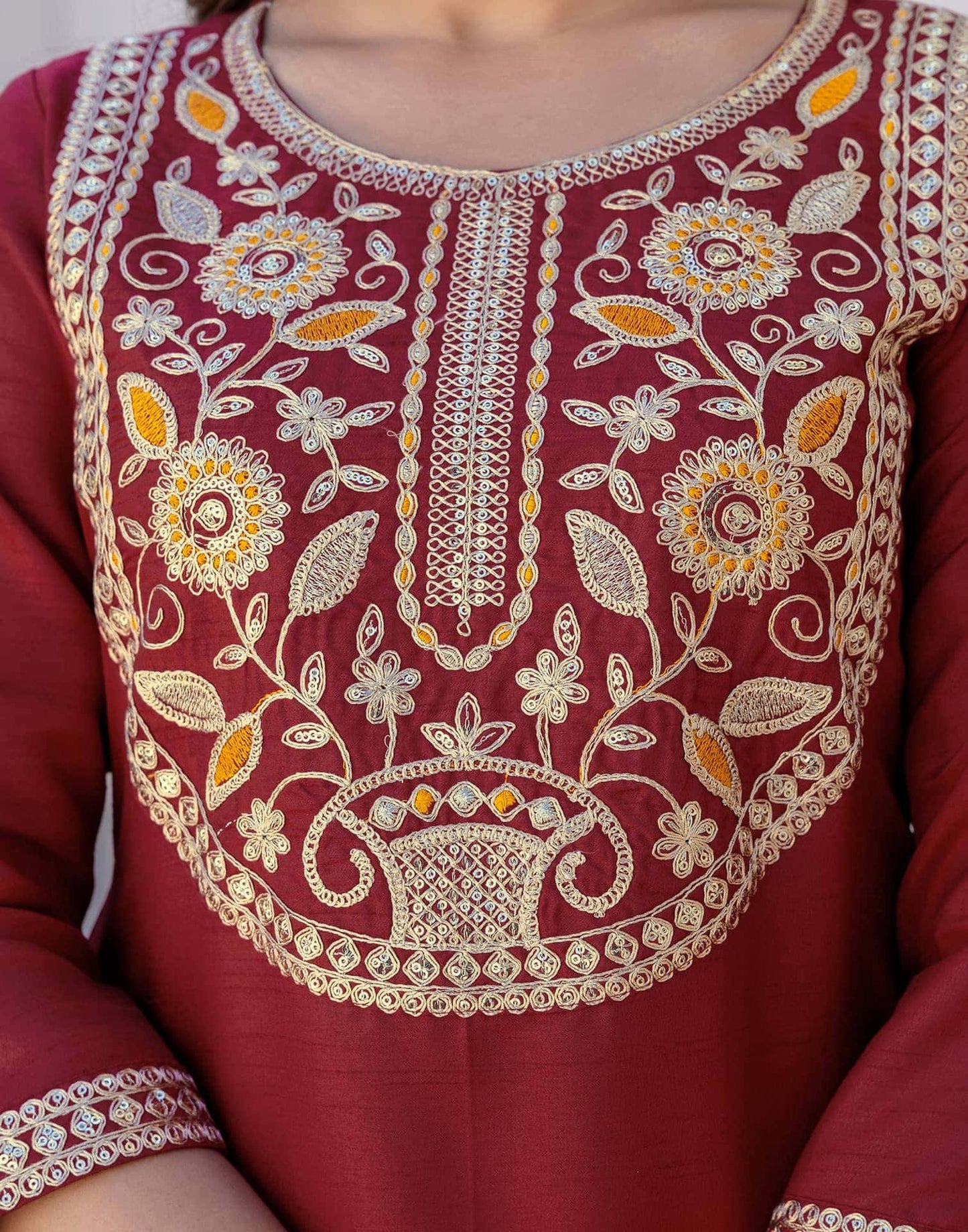 Silk Sequin Work, Embroidery, Embroidery Lace Straight Kurta with Pant & Dupatta