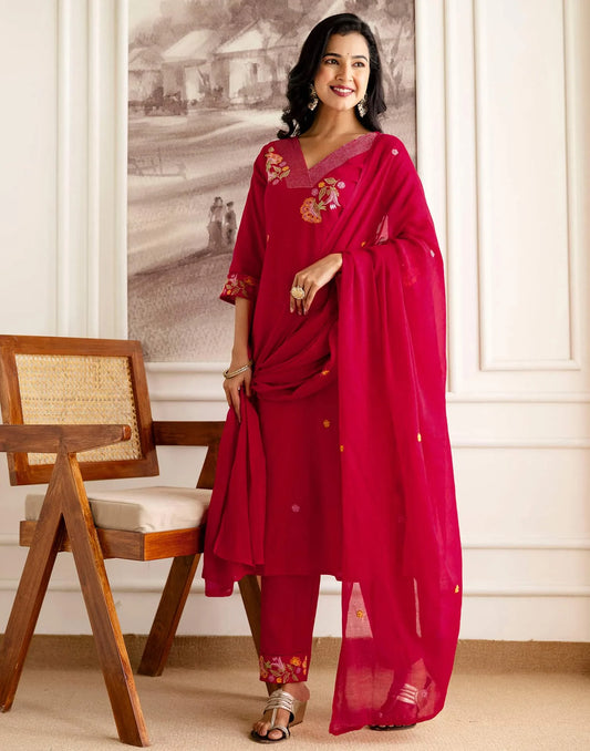 Red Cotton Embroidered Straight Kurta Set with Pant & Dupatta Affordable V-Neck Ethnic Kurti for Office,