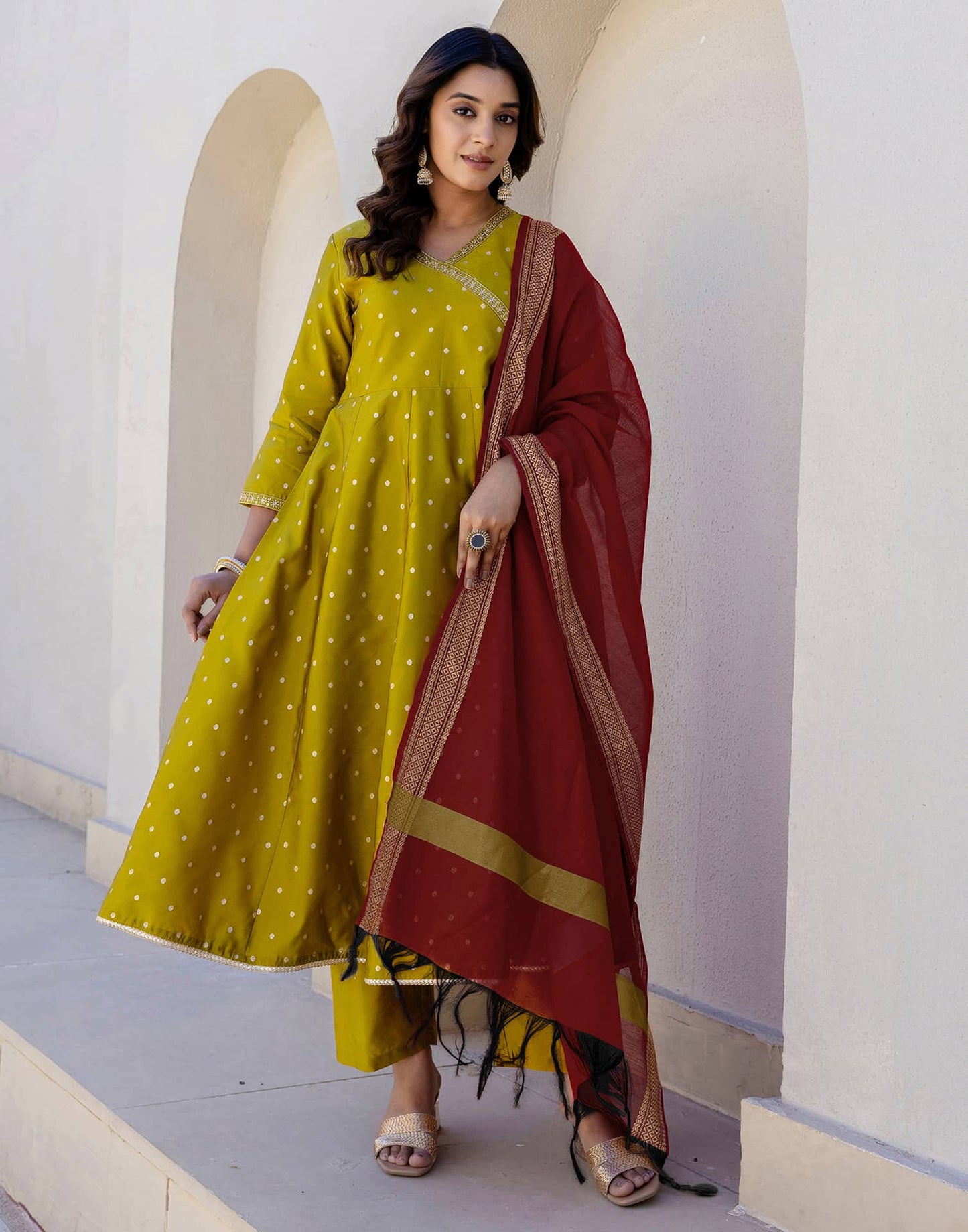 Silk Weaving, Embroidery Lace Anarkali Kurta with Pant & Dupatta