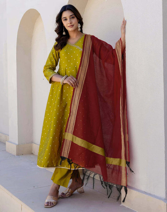 Silk Weaving, Embroidery Lace Anarkali Kurta with Pant & Dupatta