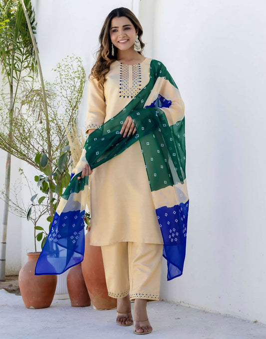 Silk Embroidery and Sequins Work, Embroidery Lace Straight Kurta with Pant & Dupatta